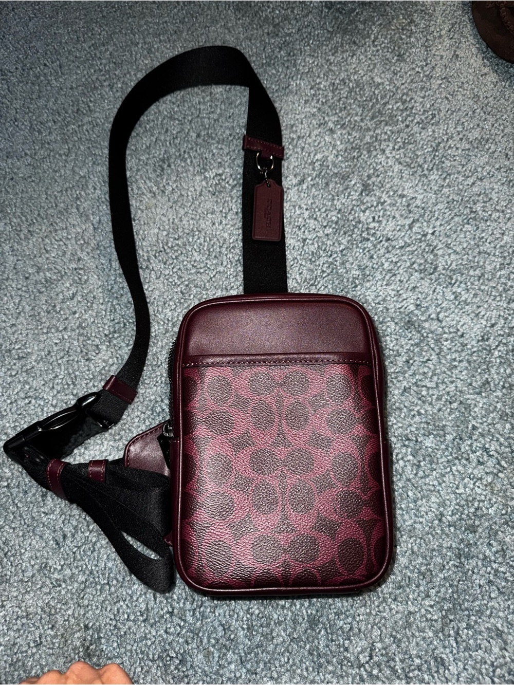 Coach Crossbody Sling in Burgundy and Black Signature Print